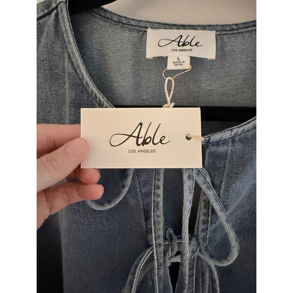 NWT ABLE Tie-Front Denim Babydoll Puff Sleeve Mini Dress-Size L - Picture 5 of 7
